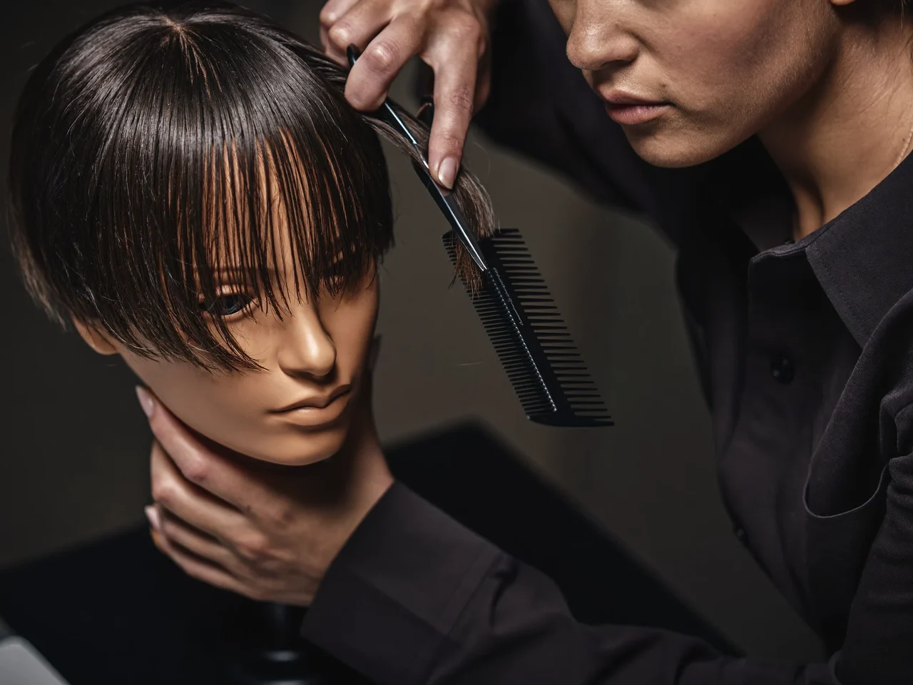 Mains d'élève coupant un carré droit sur une tête d'étude