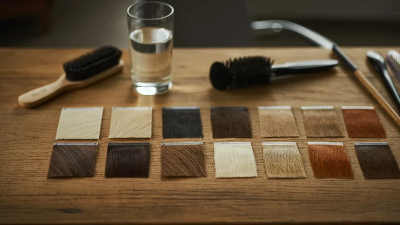 Nuancier de mèches naturelles et pinceaux fins sur une table en bois